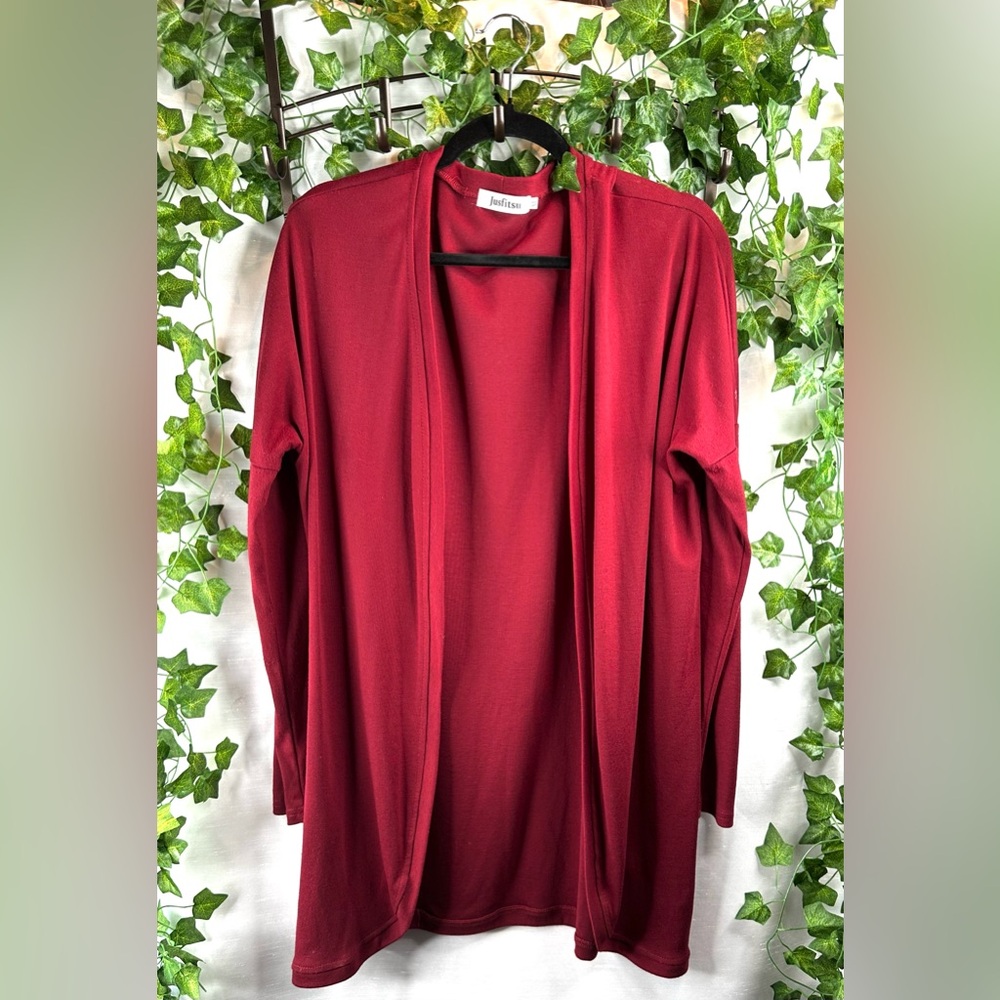 JUSTFITSU Red Open Front Sweater